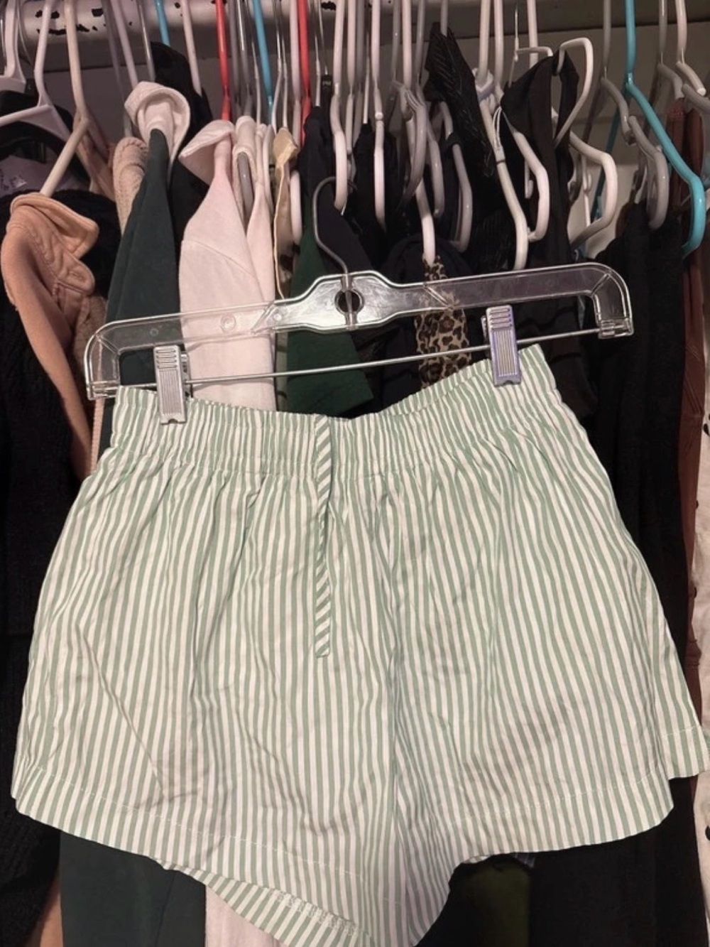 Women’s Light Green Striped Shorts - Casual Elastic Waist